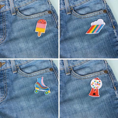 Four iron on patches; ice lolly, rainbow, roller skate and gumball machine