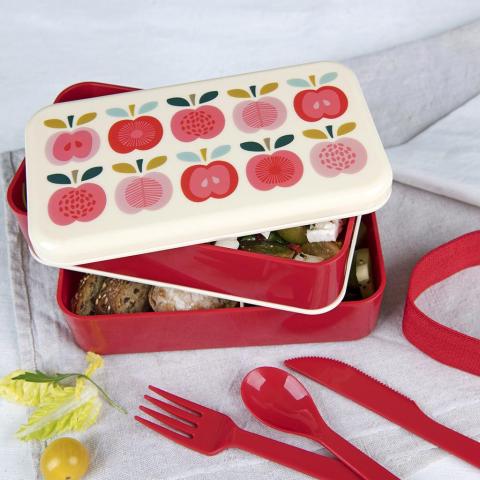 Vintage Apple bento box and cutlery filled with salad