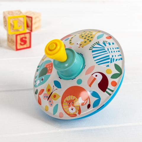 Metal spinning top decorated with wild animals