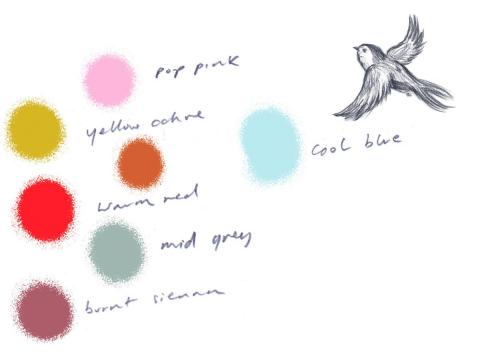 A collection of colours used in the Winter Walk design, with a sketch of a bird