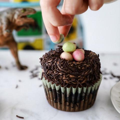 A child places chocolate raisins on a chocolate cupcake