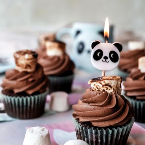 Chocolate cupcakes topped with marshmallows and a panda candle