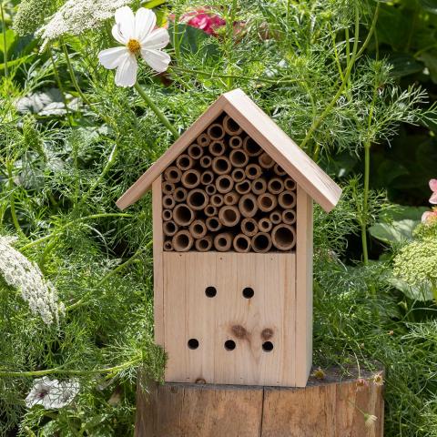 A bug hotel on a tree stump in a garden