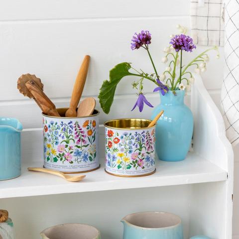 Wild Flowers mini storage tins on a kitchen shelf