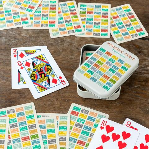 Periodic Table playing cards spread out on a table