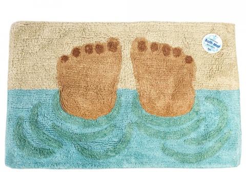 A bath mat with a print of feet poking out of a bath