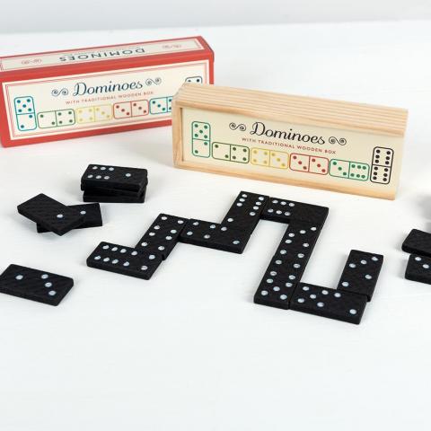 Wooden box of dominoes