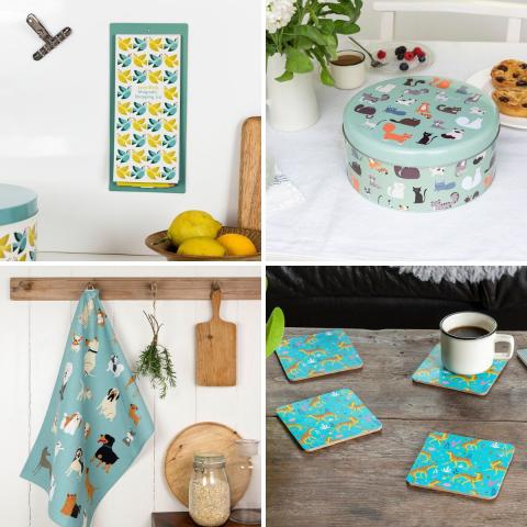 Kitchen sale montage including a shopping list, cake tin, tea towel and coasters
