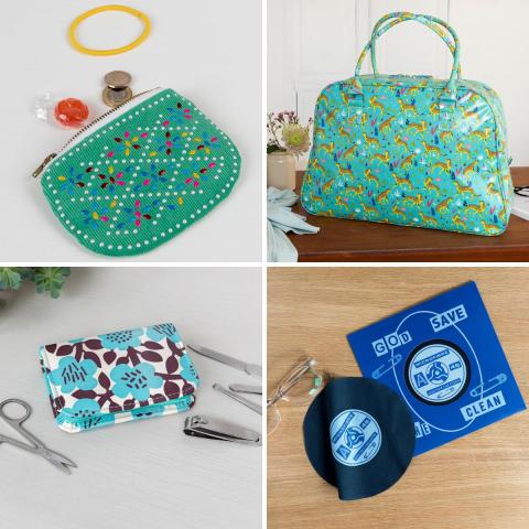 Accessories sale montage including a green purse, a weekend bag, a manicure kit and a cleaning cloth