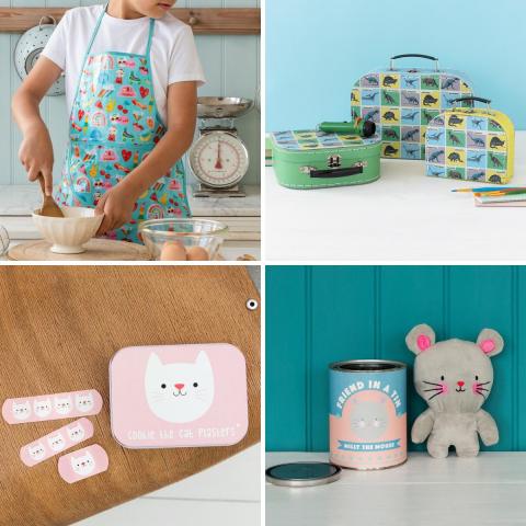 Children's sale montage, featuring an apron, storage cases, plasters and a toy mouse