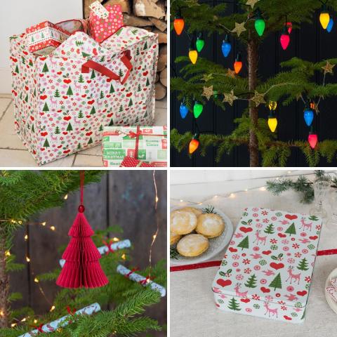 Montage of Christmas items including a jumbo bag, festive lights, red tree decoration and a mince pie tin