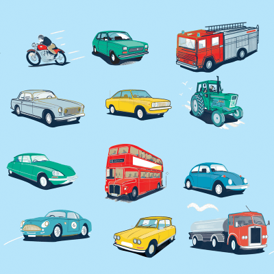 Print of vintage vehicles