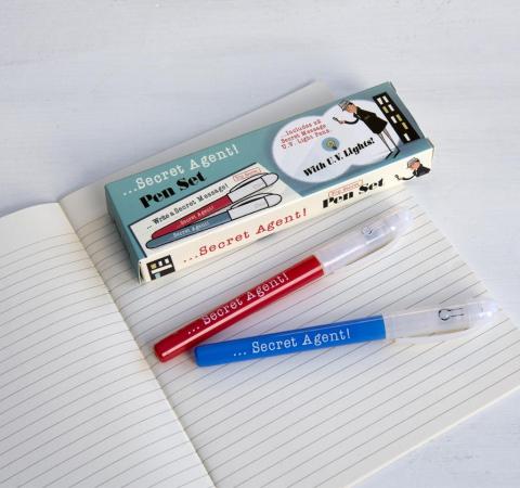 Secret Agent spy pens on a lined notebook