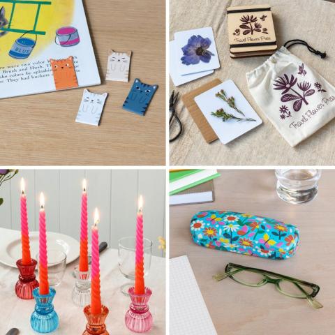 Montage of magnetic bookmarks, travel flower press, pink candles and a glasses case