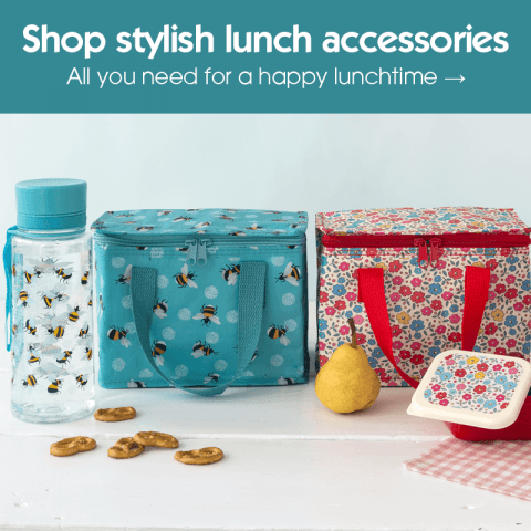 Red and blue lunch bags and water bottle in bee and floral designs