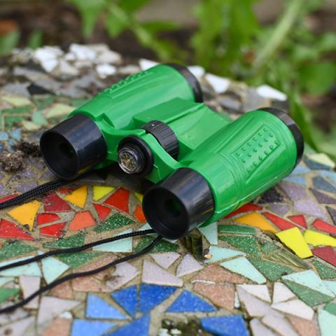 Green binoculars on a mosaic tile