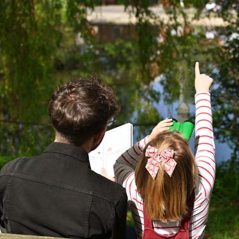 A girl and a man face away from the camera, pointing at the sky
