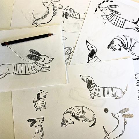 A few sheets of paper with sketches of a sausage dog