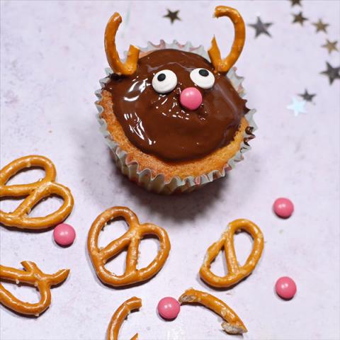 A cupcake decorated like Rudolph