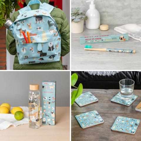 A montage of gifts - a backpack, a toothbrush, a water bottle and some coasters