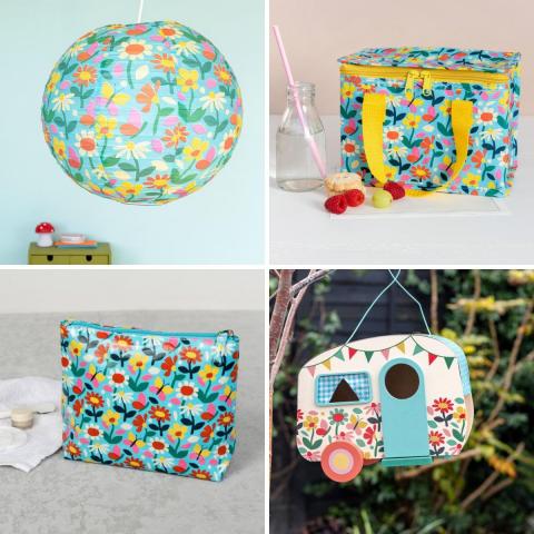 A montage of gifts - a paper lampshade, a lunch bag, a wash bag and a birdhouse caravan