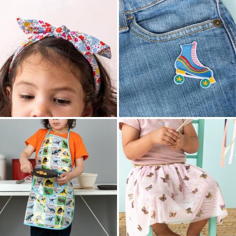 Four images: a girl with a headband, a roller skate pin badge, a child wearing an apron and a child wearing a fairy skirt