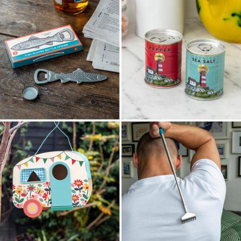 Four images: a fish-shaped bottle opener, a set of salt and pepper shakers, a birdhouse designed like a caravan, and a man scratching his back