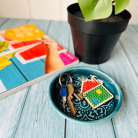 Keys in blue trinket dish with plant