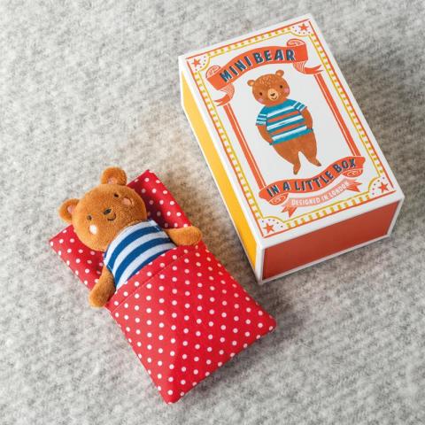 Mini bear in bed on carpet next to box