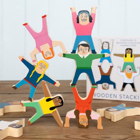 stacked wooden characters game with product box