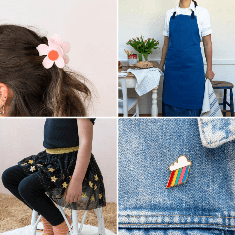Hair clip, apron, children's skirt and rainbow pin badge images