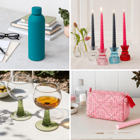 Water bottle, candles, cocktail glasses and wash bag in four separate images