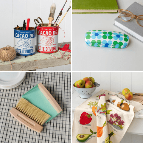 Storage tins, glasses case, brush and tea towel images in a four