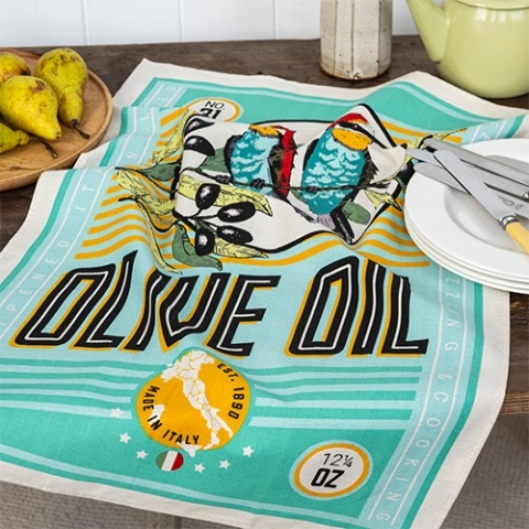 a retro-style cotton tea towel olive oil print