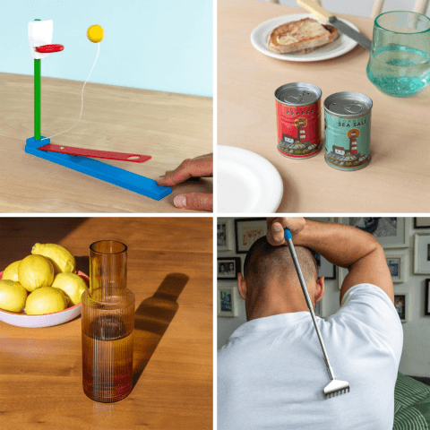 4 images - tabletop basketball, salt and pepper shakers, amber carafe and backscratcher