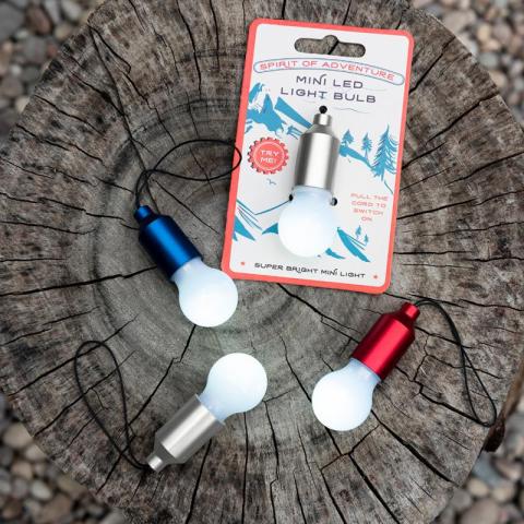 Three light bulb keyrings on wooden surface