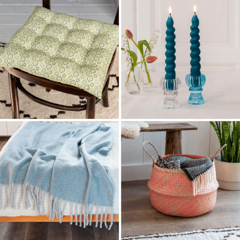 Green cushion, blue candles, blue blanket and coral basket