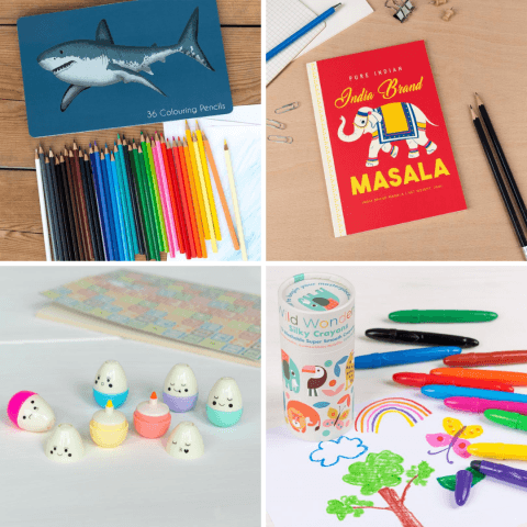 4 images - Shark colouring pencils, masala notebook, egg-shaped highlighters and silky crayons