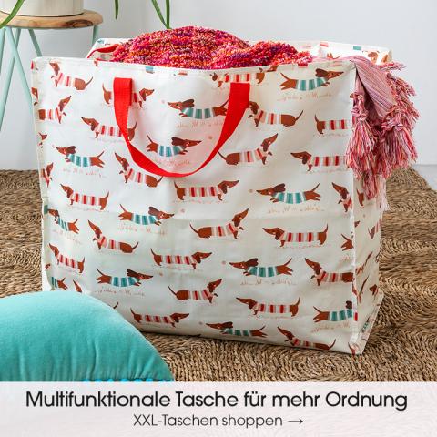 Adorable Sausage Dog print jumbo bag, Features zip fastening and two strong woven nylon handles in red.