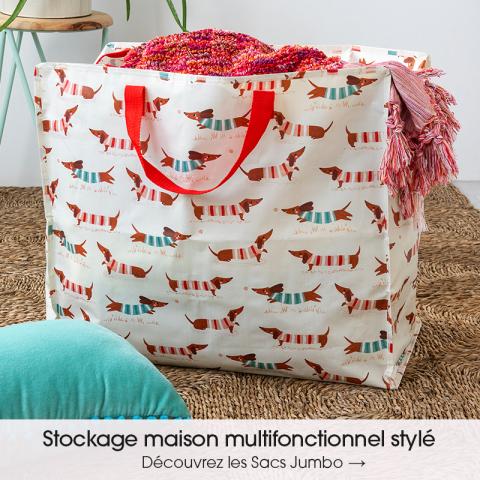 Adorable Sausage Dog print jumbo bag, Features zip fastening and two strong woven nylon handles in red.