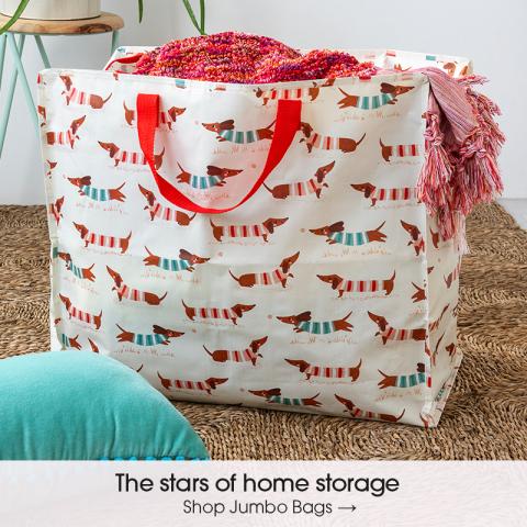 Adorable Sausage Dog print jumbo bag, Features zip fastening and two strong woven nylon handles in red.