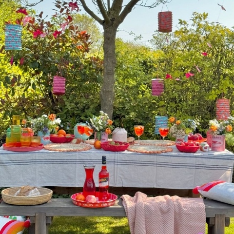 A long table underneath a tree in a garden is laid with colourful placemats, lanterns and baskets