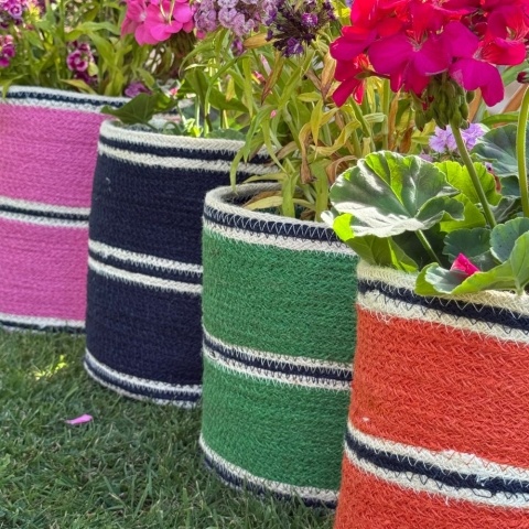 Four colourful baskets are filled with flowers