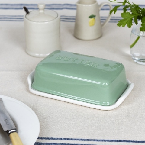 Green ceramic butter dish with lid