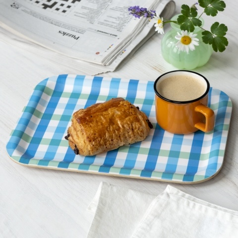 Blue gingham wooden tray with orange stoneware mug