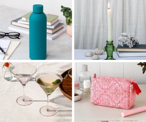 bottle, fish candle stick, martini glass & makeup pouch
