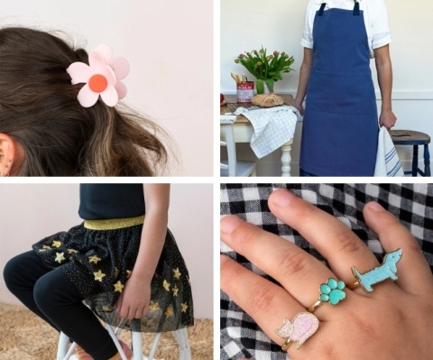 Claw clip, blue apron, glitter skirt & animal rings