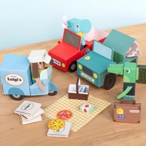Animal automobile craft set, with card cut-out vehicles including a pizza scooter, elephant jeep and alligator car, alongside a picnic scene.