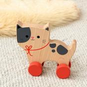  Wooden push along toy - Cat, With its bright red wheels and friendly face
