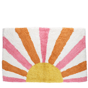 Colourful striped cotton bath mat with a sunburst pattern in warm tones.